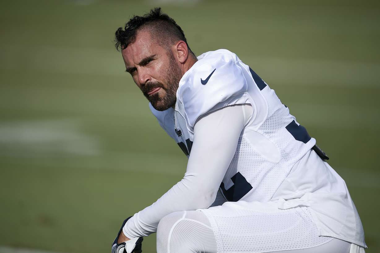 Los Angeles Rams safety Eric Weddle watches during an NFL football training camp in Irvine, Calif., on July 30, 2019. Weddle came out of retirement to rejoin the Los Angeles Rams for the playoffs, and is now one win away from his first career Super Bowl title.