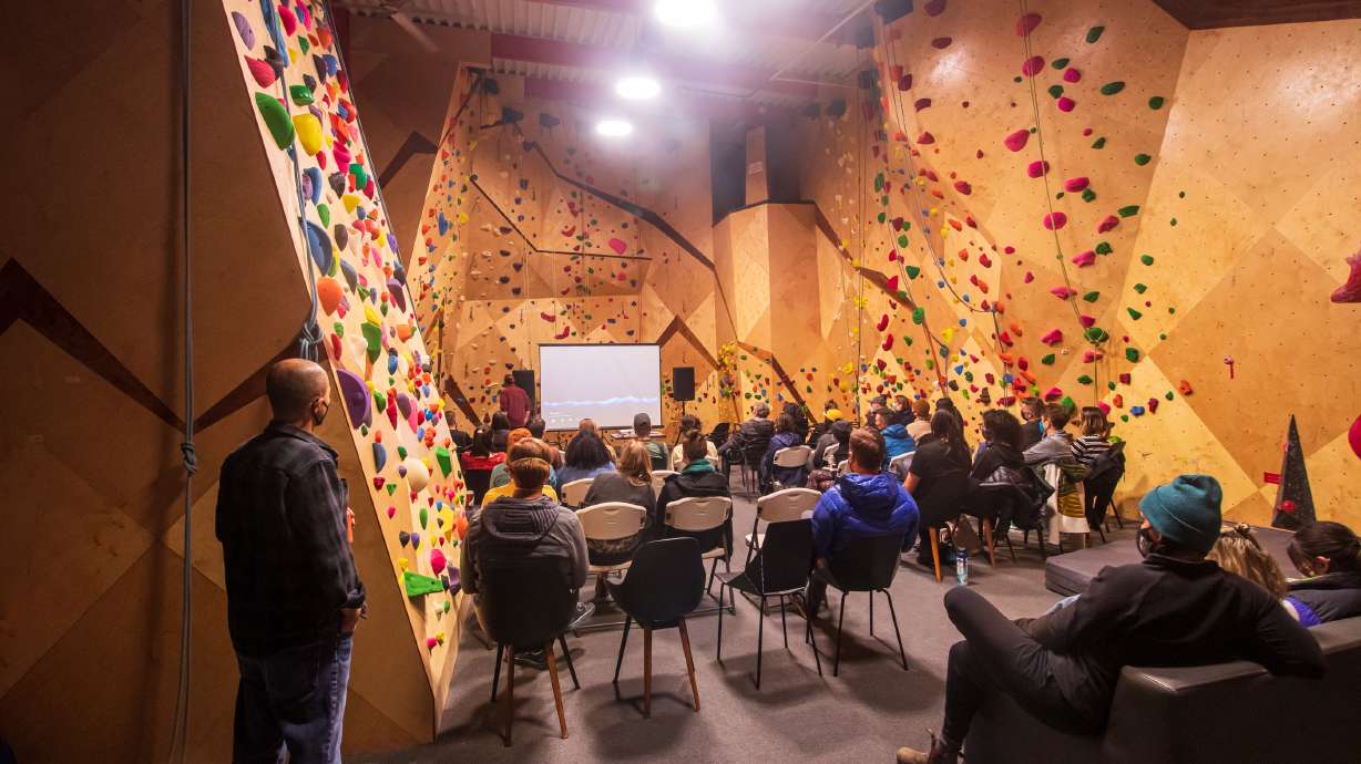 Utah climbing enthusiasts gather at The Front Climbing Club in Salt Lake City to watch the premiere of a short film about the importance of Little Cottonwood Canyon during an event Wednesday night.