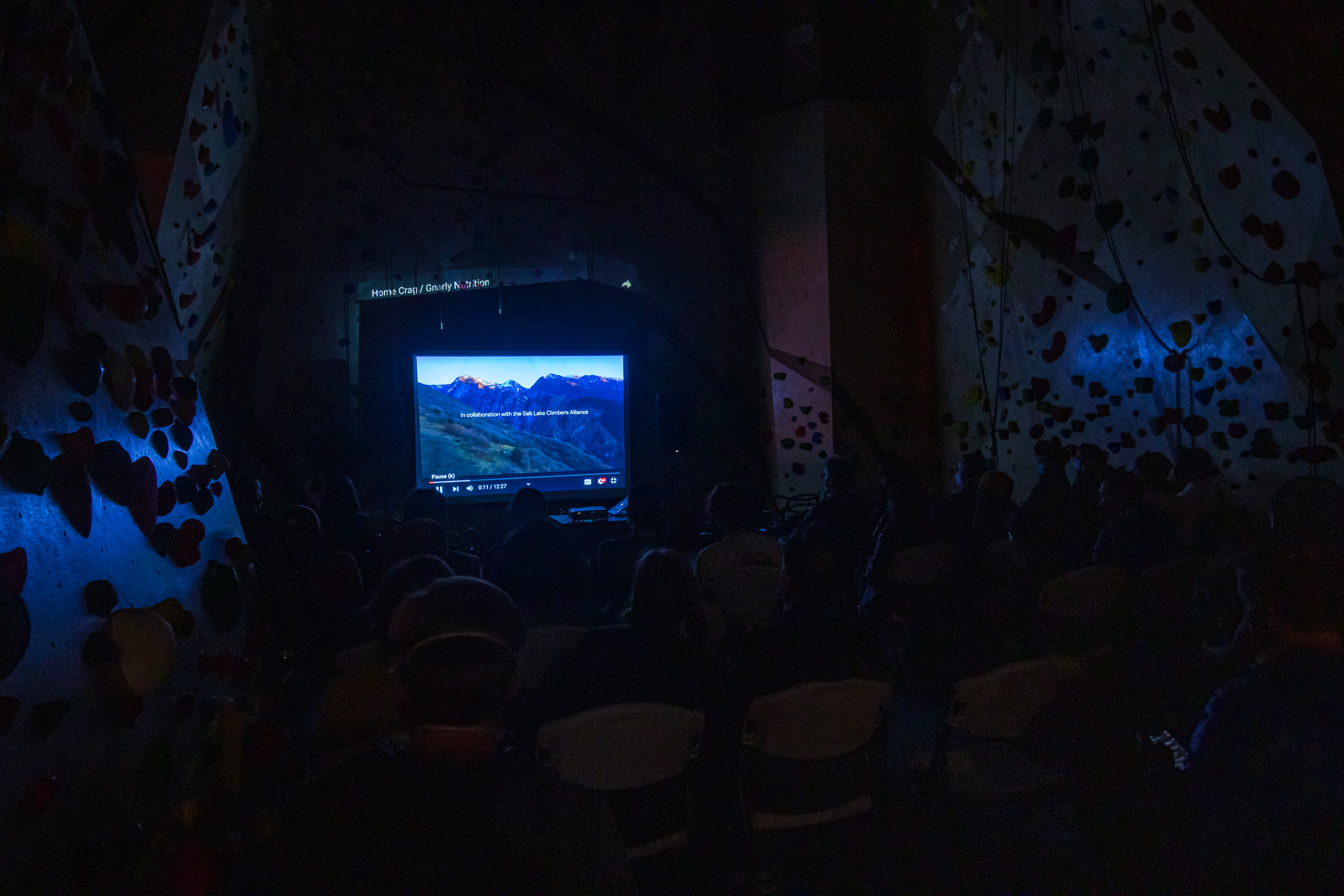 Utah climbing enthusiasts watch "Home Crag" at The Front Climbing Club in Salt Lake City on Wednesday night.