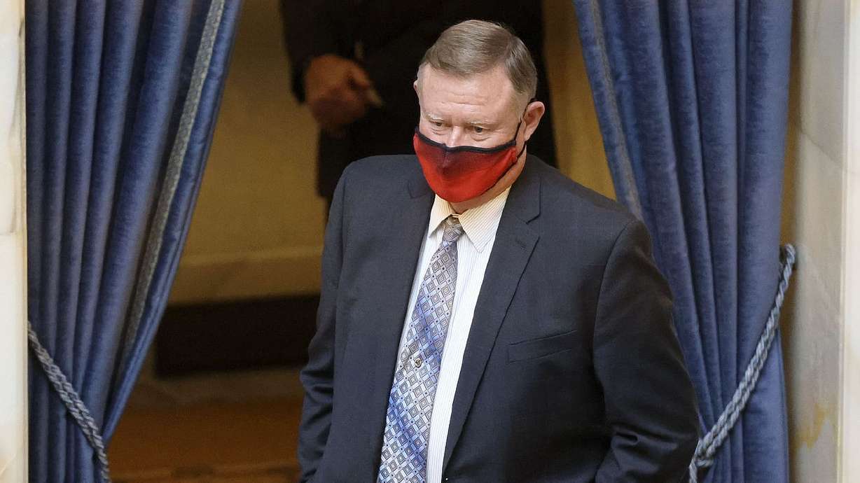 Sen. Evan Vickers, R-Cedar City, stands in the Senate
chamber during the Utah Legislature’s 2021 general session at the
Capitol in Salt Lake City on Feb. 16, 2021. Vickers has filed a
bill to cut income taxes across the board for Utahns.