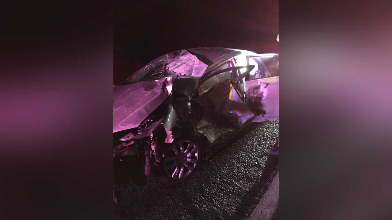 Passenger car destroyed in crash with semi on southbound I-15 near mile marker 22 in Mohave County, Ariz., Tuesday.