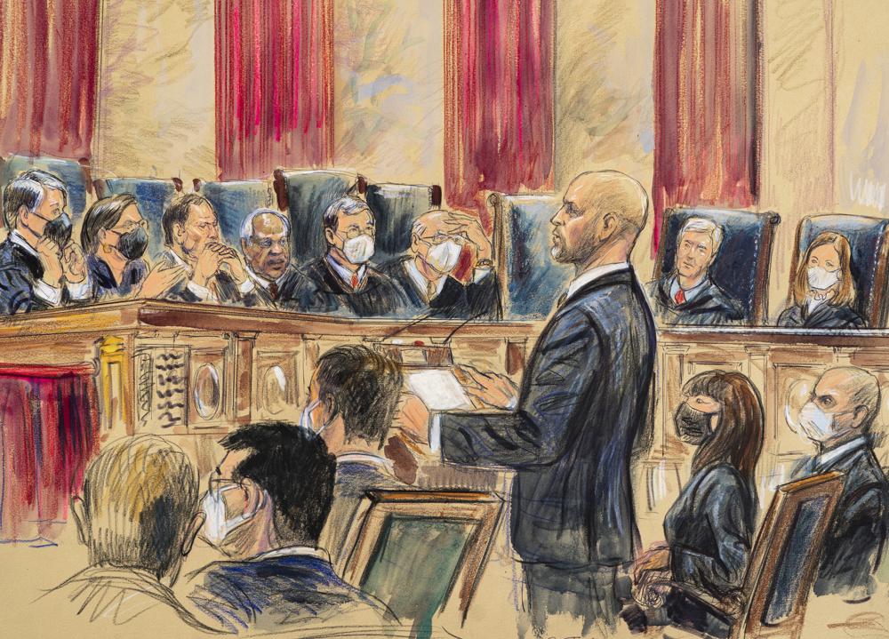 This artist sketch depicts lawyer Scott Keller arguing on behalf of more than two dozen business groups seeking an immediate order from the Supreme Court to halt a Biden administration order to impose a vaccine-or-testing requirement on the nation's large employers