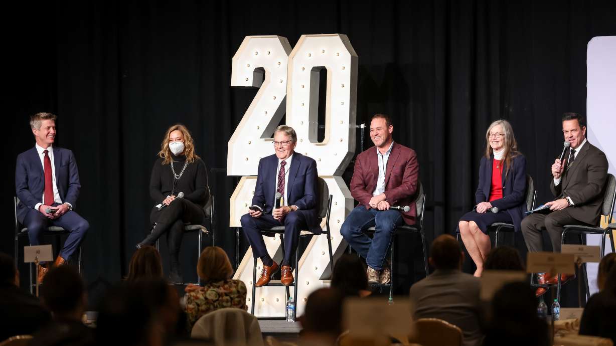 A panel on the upcoming legislative session is held at the 2022 Utah Economic Outlook & Public Policy Summit in Salt Lake City on Thursday. From left are Gary Hoogeveen, CEO at Rocky Mountain Power, Dr. Donna Milavetz, regional vice president of Steward Health Care, Senate Executive Appropriations Chairman Jerry Stevenson, R-Layton, House Majority Leader Mike Schultz, R-Hooper, Senate Majority Whip Ann Millner, R-Ogden, and House Speaker Brad Wilson, R-Kaysville.