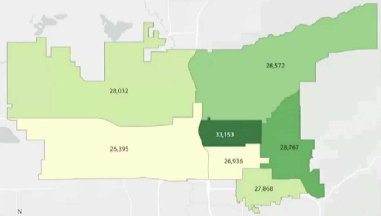 This map shows Salt Lake City's population in the 2020 census split up by every city council district. District 4, in dark green, ended up with the largest growth over the past decade.