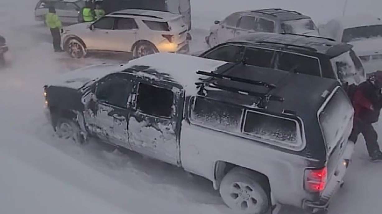 Cars are stopped after a 39-car crash in Idaho on Friday, Jan. 7.