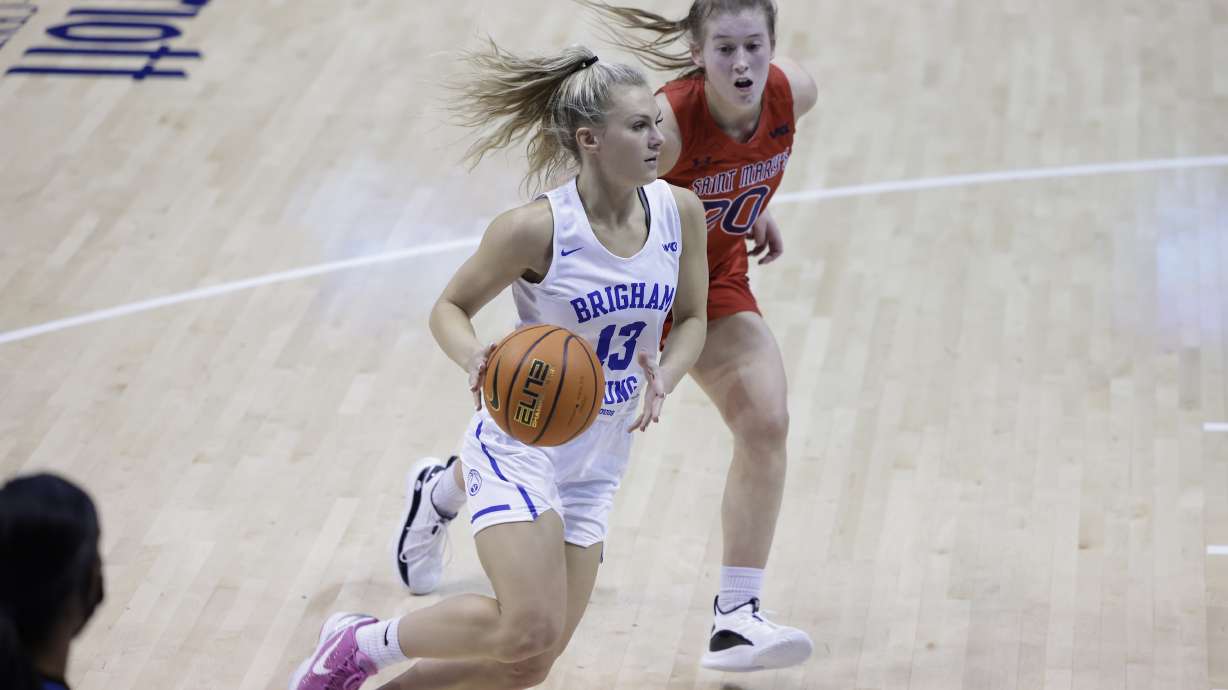 BYU guard Paisley Harding drives to the hoop during the Cougars' women's basketball game against Saint Mary's, Thursday, Jan. 13, 2022 in the Marriott Center in Provo.