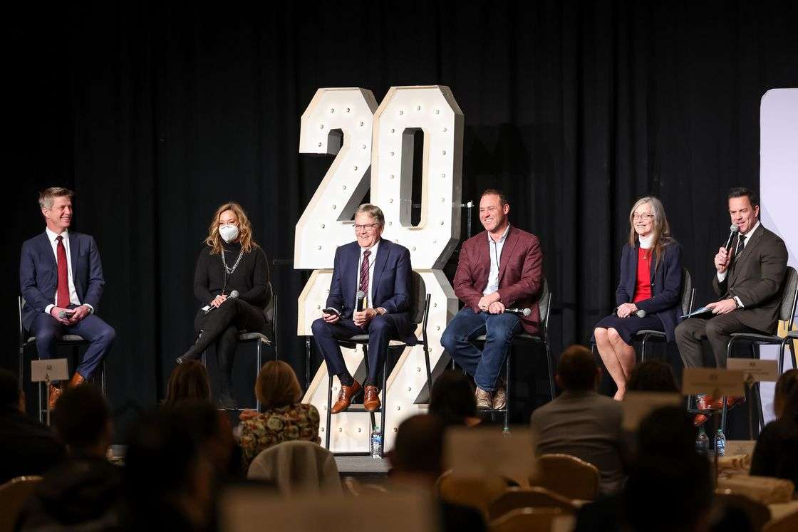 A panel on the upcoming legislative session is held at the 2022 Utah Economic Outlook & Public Policy Summit at the Grand America in Salt Lake City on Thursday. From left are Gary Hoogeveen, CEO of Rocky Mountain Power, Dr. Donna Milavetz, regional vice president of Steward Health Care, Senate Executive Appropriations Chair Jerry Stevenson, R-Layton, House Majority Leader Mike Schultz, R-Hooper, Senate Majority Whip Ann Millner, R-Ogden, and House Speaker Brad Wilson, R-Kaysville.