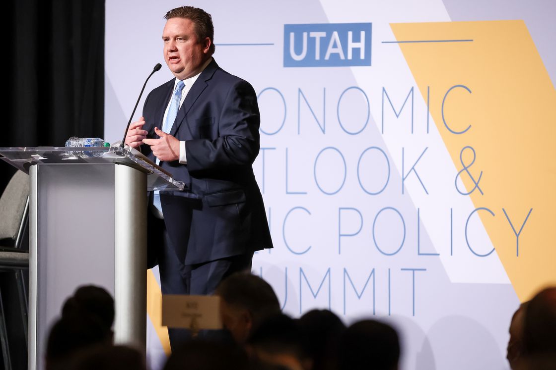 Phil Dean, public finance senior research fellow at the Kem C. Gardner Policy Institute, speaks at the 2022 Utah Economic Outlook & Public Policy Summit at the Grand America in Salt Lake City on Thursday.