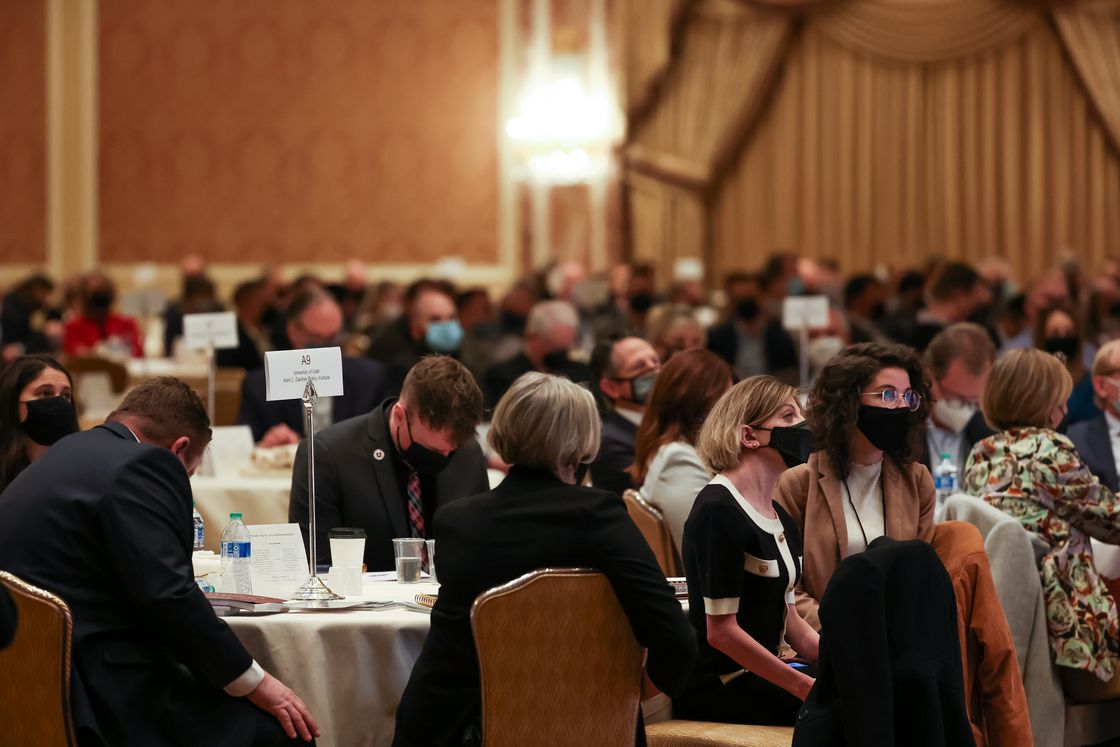 People listen as Gov. Spencer Cox speaks at the 2022 Utah Economic Outlook & Public Policy Summit at the Grand America in Salt Lake City on Thursday.