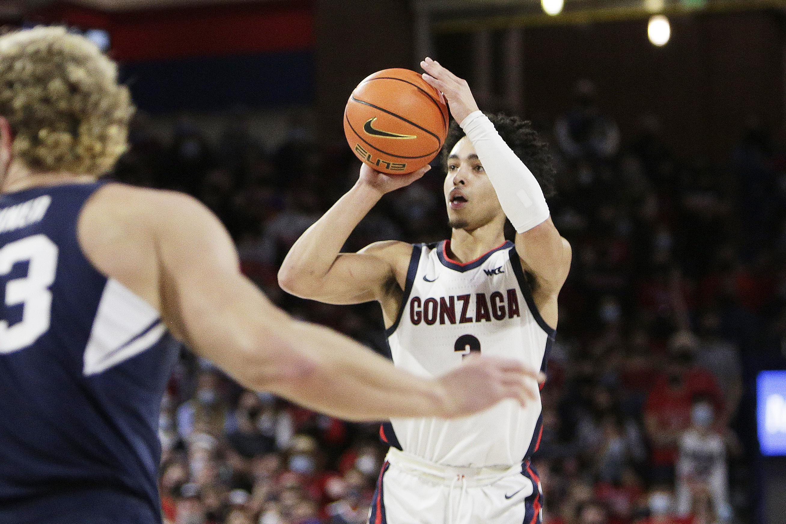 Gonzaga guard Andrew Nembhard shoots during the first half of an NCAA college basketball game against BYU, Thursday, Jan. 13, 2022, in Spokane, Wash.