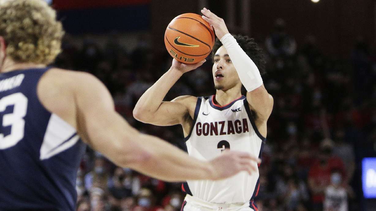 Gonzaga guard Andrew Nembhard shoots during the first half of an NCAA college basketball game against BYU, Thursday, Jan. 13, 2022, in Spokane, Wash.
