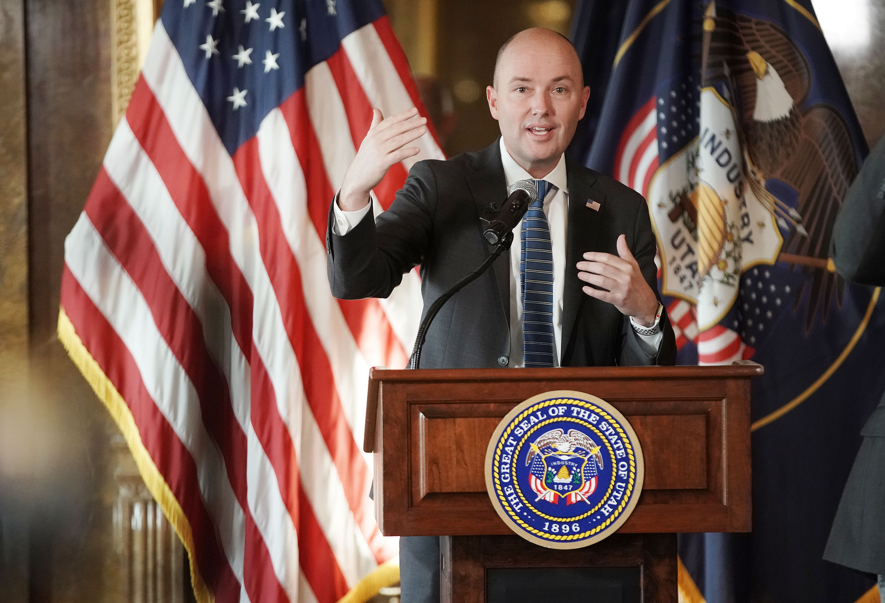 Gov. Spencer Cox speaks during a press conference about COVID-19 and the omicron variant at the Capitol in Salt Lake City on Friday.