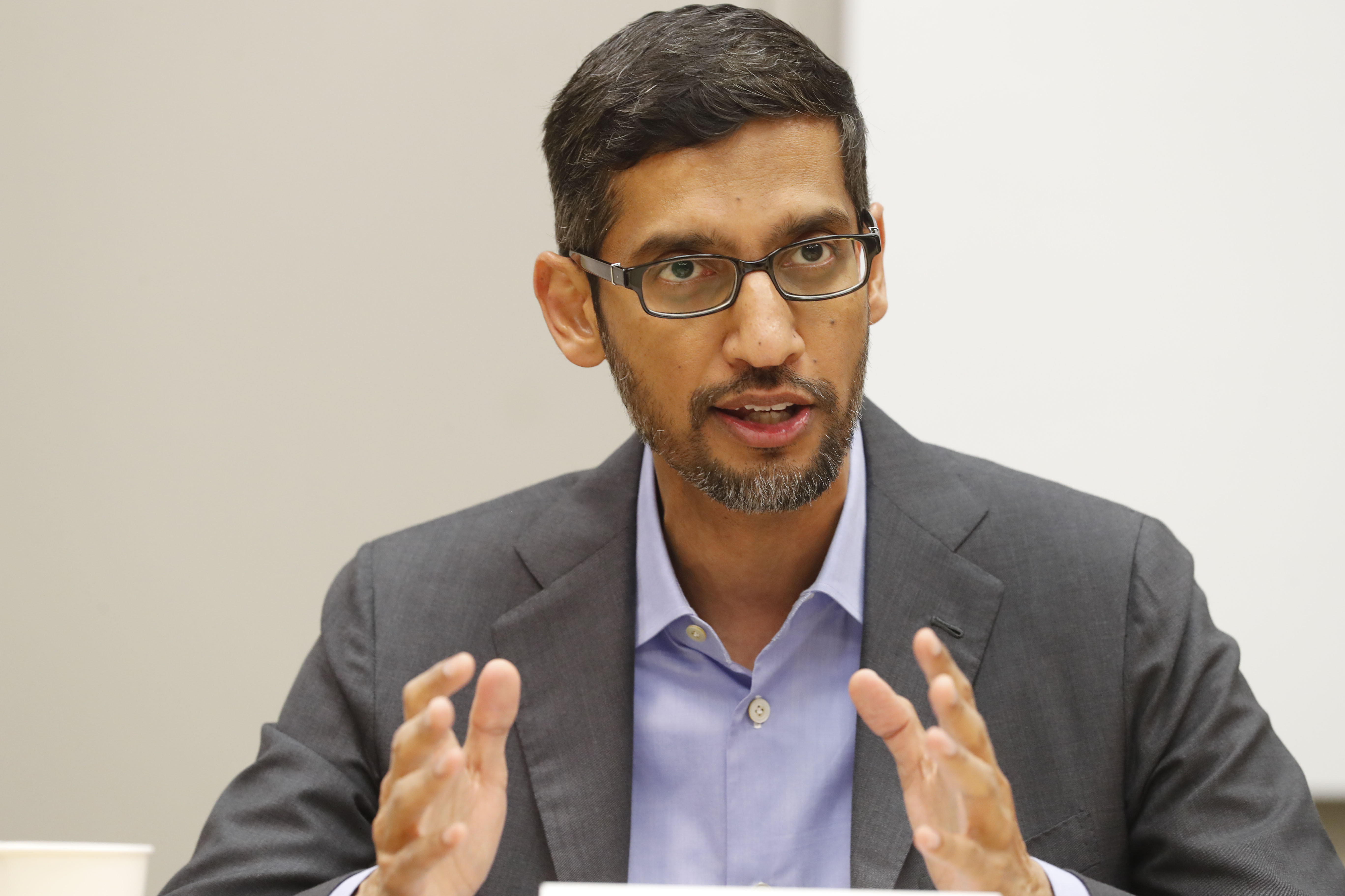 Google CEO Sundar Pichai speaks during a visit to El Centro College in Dallas on Oct. 3, 2019. Newly unredacted documents from a state-led antitrust lawsuit against Google accuse the search giant of colluding with rival Facebook to manipulate online advertising sales.