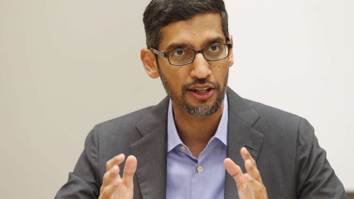 Google CEO Sundar Pichai speaks during a visit to El Centro College in Dallas on Oct. 3, 2019. Newly unredacted documents from a state-led antitrust lawsuit against Google accuse the search giant of colluding with rival Facebook to manipulate online advertising sales.