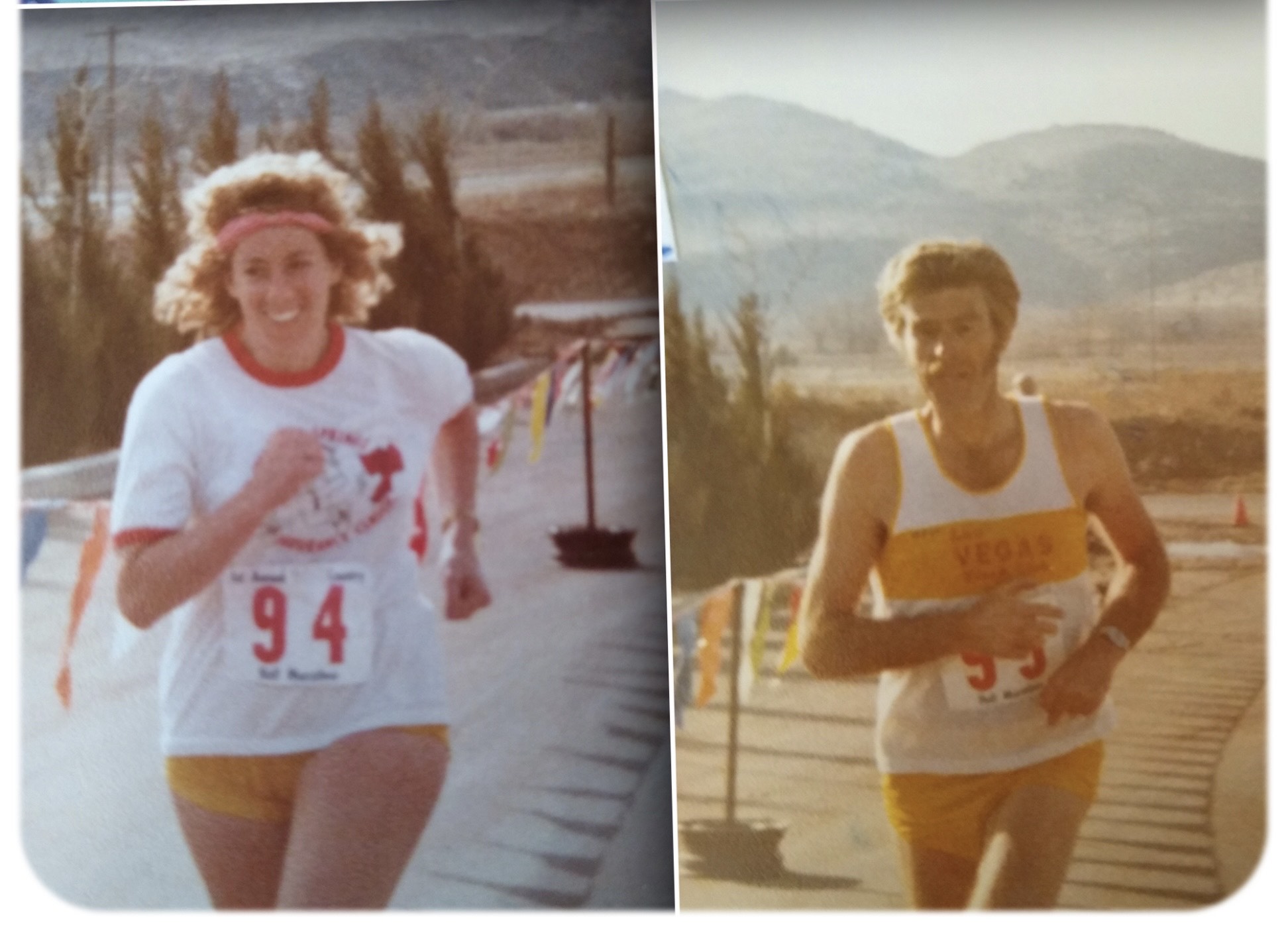 Debbie Pryatel, left, and Tony Pryatel, right, run the St. George Half Marathon in the early 1980s.