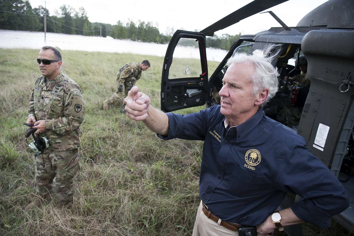 South Carolina Gov. Henry McMaster talks about rising floodwaters after Florence struck the Carolinas, Sept. 17, 2018, near Wallace, S.C.