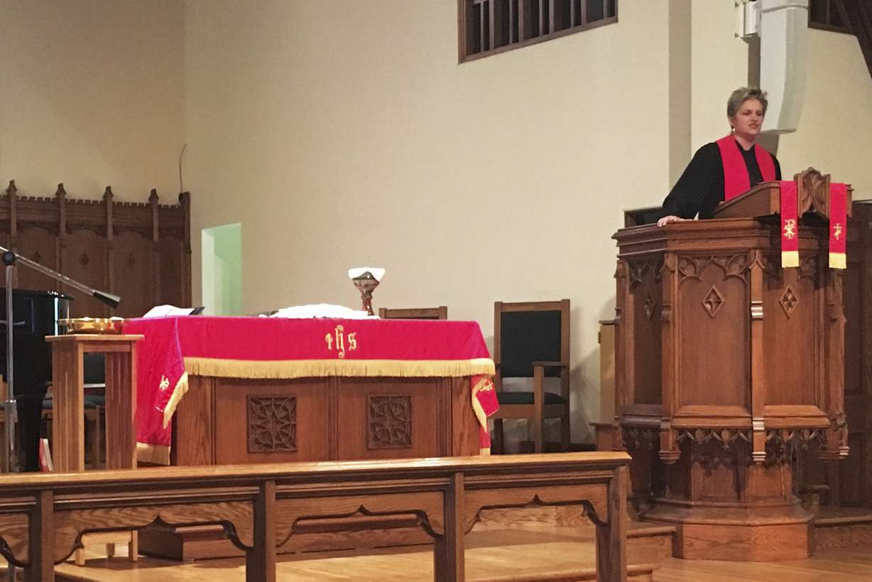 Rev. Lucy Robbins speaks during a service at the Biltmore United Methodist Church in Asheville, N.C., in October 2018.
