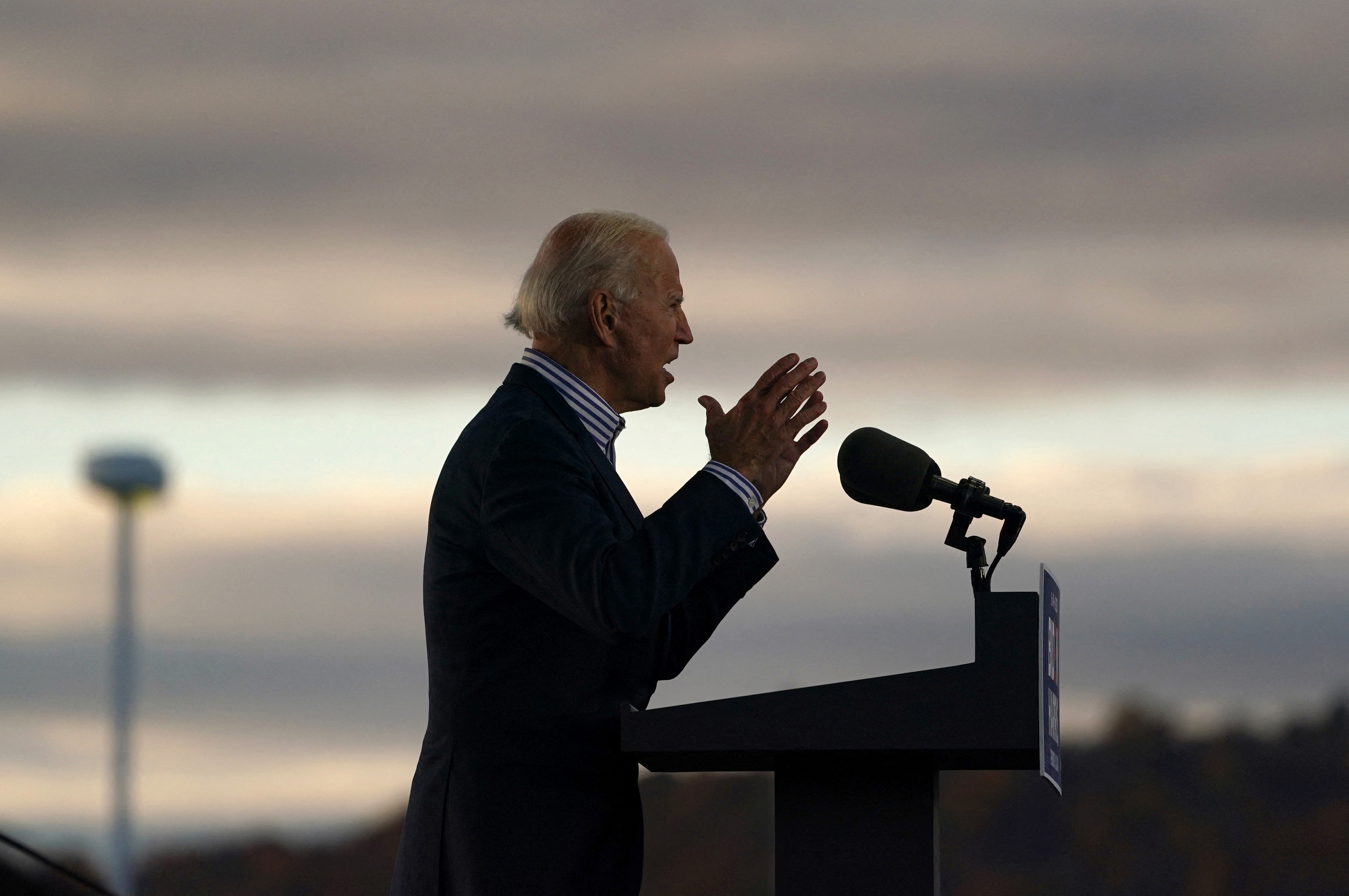 Joe Biden speaks during a drive-in campaign event at Dallas High School in Dallas, Pennsylvania, U.S., October 24, 2020.