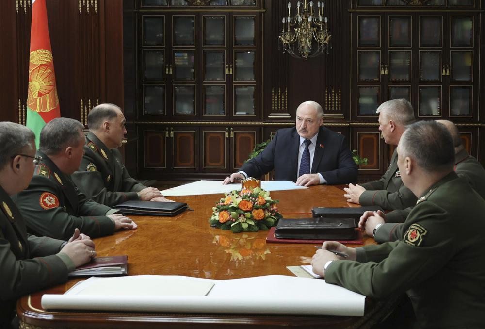 Belarusian President Alexander Lukashenko attends a meeting with military top officials in Minsk, Belarus, Monday. Alexander Lukashenko approved the idea of a joint operational exercise of the armed forces of Belarus and Russia called "Allied Resolve 2022."