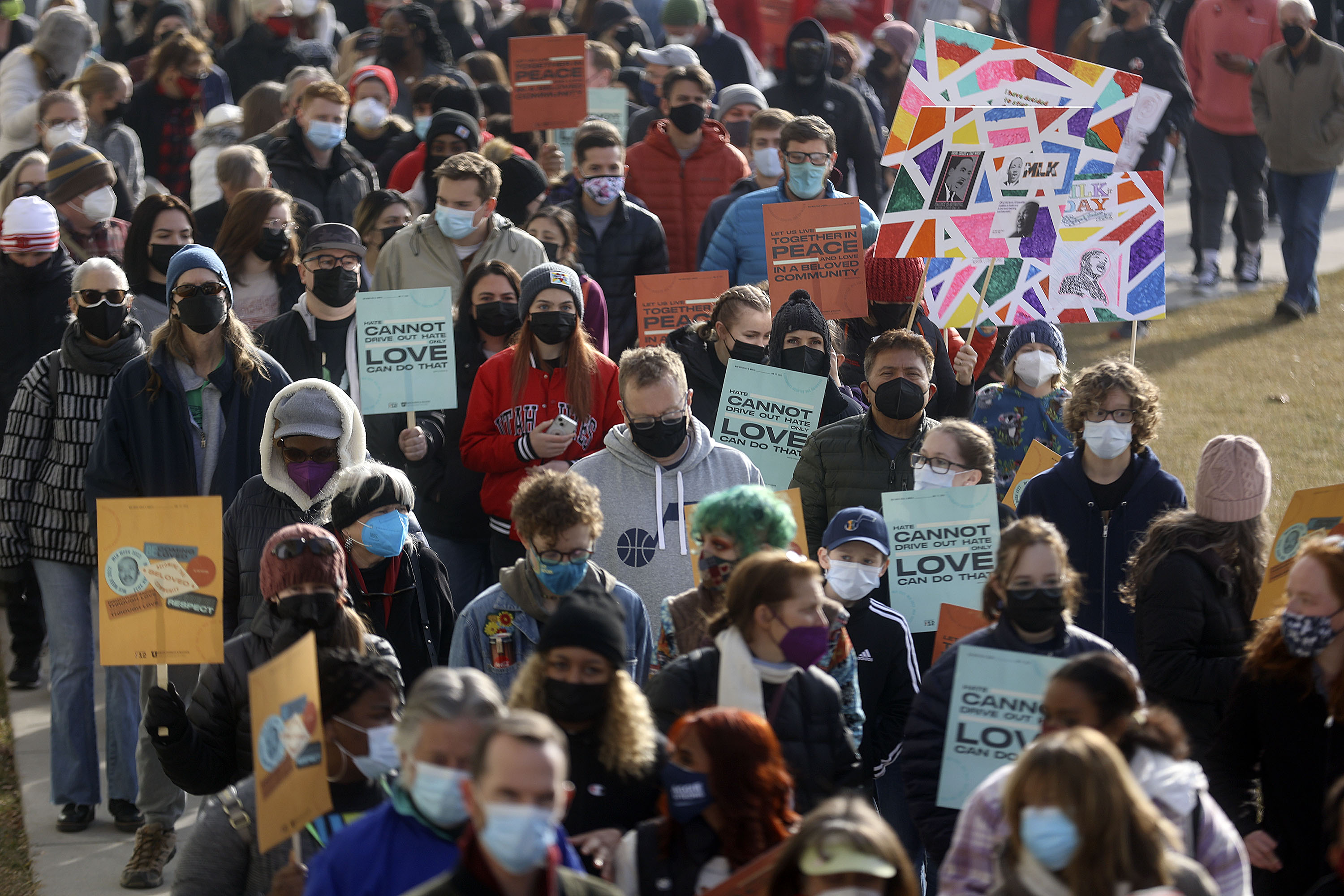Hundreds march from East High School to Kingsbury Hall in the MLK Day March, as part of the University of Utah’s Dr. Martin Luther King Jr. Week, in Salt Lake City on Monday.
