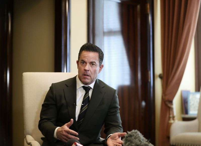 Brad Wilson, Speaker of the Utah House of
Representatives, speaks to members of the media at the Capitol in
Salt Lake City on Thursday.