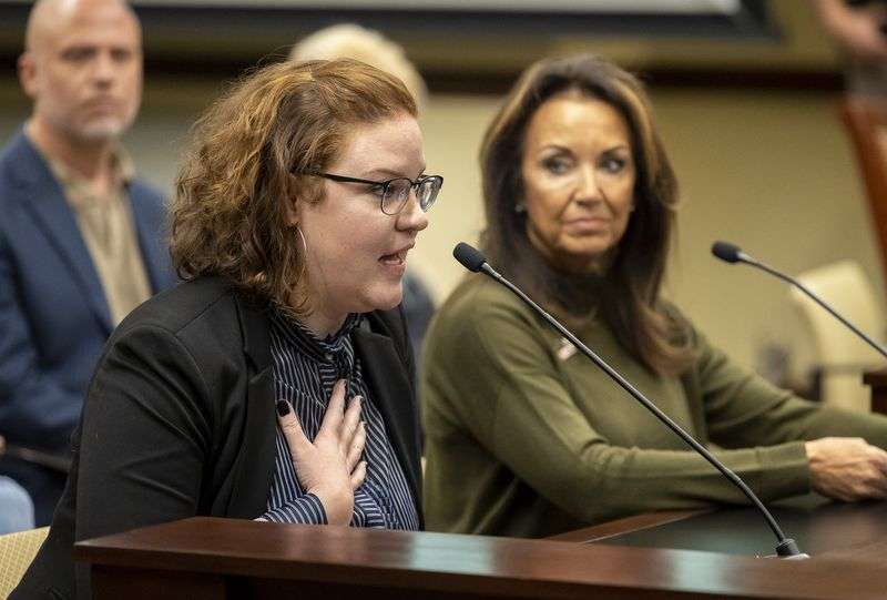Katie Matheson expresses her opinion about the Biden
administration’s COVID-19 vaccine mandate during a meeting of the
Legislature’s Business and Labor Interim Committee at the Capitol
in Salt Lake City on Oct. 4, 2021.