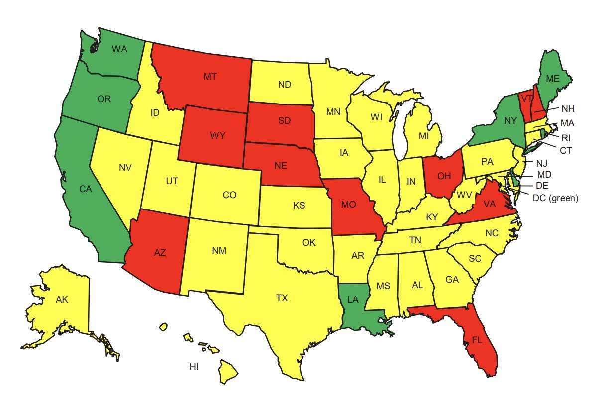 This map shows how the 50 U.S. states fare with the 16 laws recommended by the Advocates For Highway and Auto Safety to help reduce fatal crashes. Green means a state has 10 or more of those laws, while red indicates six or fewer. Utah has nine.