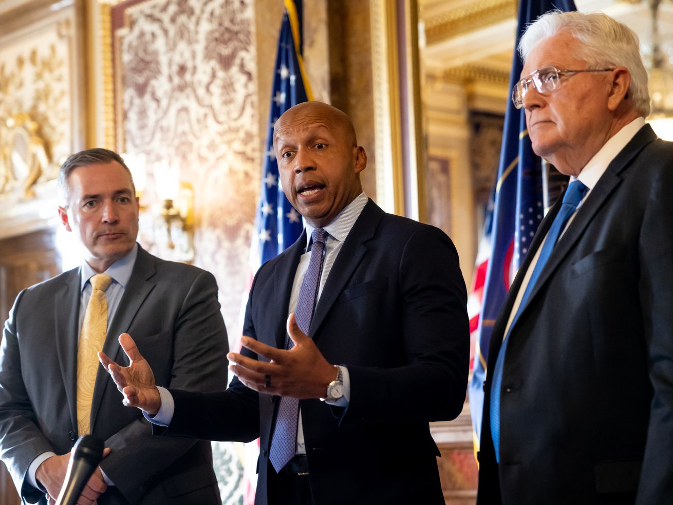 Bryan Stevenson, founder and executive director of the Equal Justice Initiative, center, talks to journalists while at the Capitol in Salt Lake City to meet with lawmakers on Wednesday, to discuss elimination of the death penalty in Utah. With Stevenson are Sen. Dan McCay, R-Riverton, left, and Rep. Lowry Snow, R-Santa Clara.