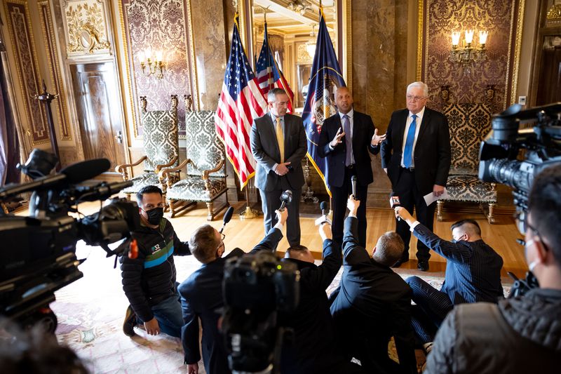 Bryan Stevenson, founder and executive director of the
Equal Justice Initiative, center, talks to journalists while at the
Capitol in Salt Lake City to meet with lawmakers on Wednesday to discuss elimination of the death penalty in Utah. With
Stevenson are Sen. Dan McCay, R-Riverton, left, and Rep. Lowry
Snow, R-Santa Clara.