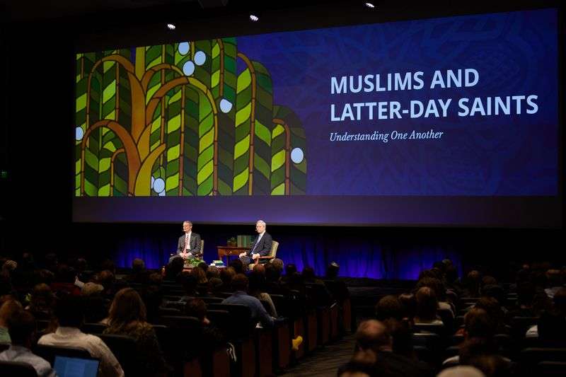 Elders David A. Bednar and Gerrit W. Gong of the Quorum
of the Twelve Apostles of The Church of Jesus Christ of Latter-day
Saints introduce a new pamphlet on understanding between their
faith and Muslims during a BYU conference in Provo, Utah, on Oct.
19, 2021.