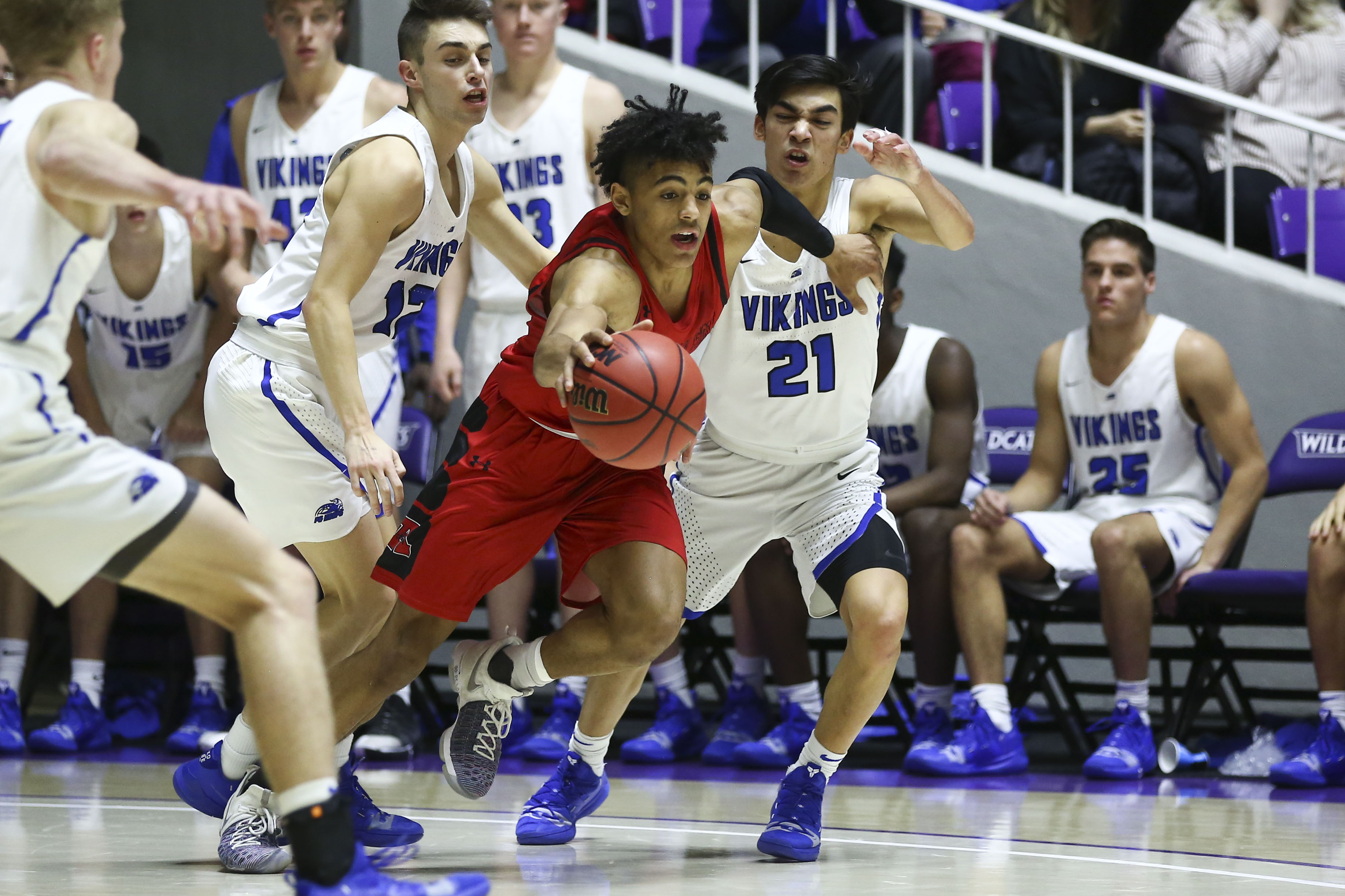 American Fork's Trey Stewart (3) rebounds the ball against the Pleasant Grove Vikings during the Class 6A Championship game at the Dee Events Center in Ogden, March 2, 2019.