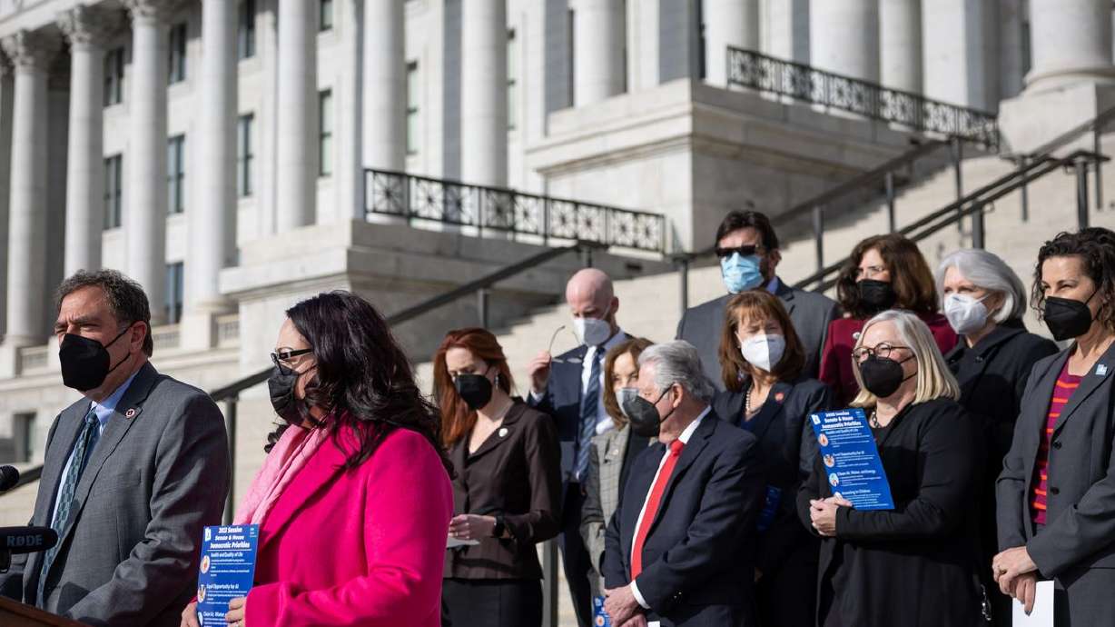 House Minority Leader Brian King, D-Salt Lake City, and
Senate Minority Whip Luz Escamilla, D-Salt Lake City, outline the
Democrats’ legislative priorities for the year at the Capitol in
Salt Lake City on Day 3 of the Utah legislative session, Thursday.