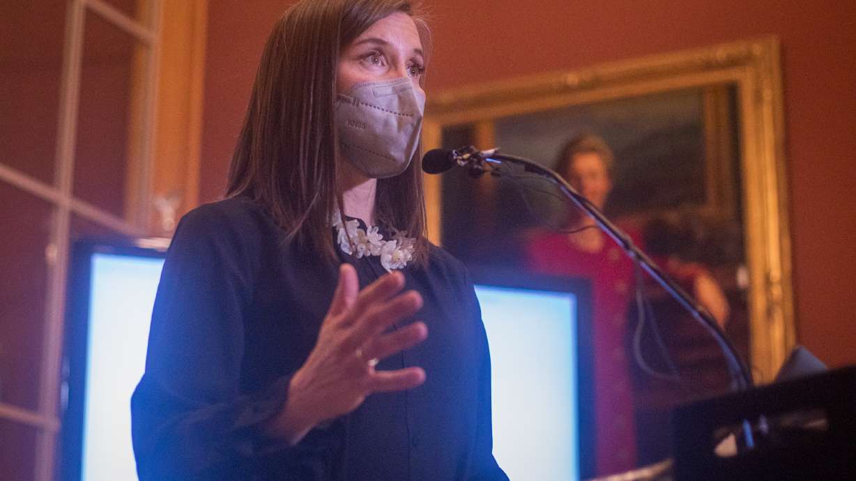 Salt Lake City Mayor Erin Mendenhall reviews her annual report card, a public accountability document reviewing the goals she outlined in 2021, outside of the mayor's office in the Salt Lake City-County Building on Thursday.