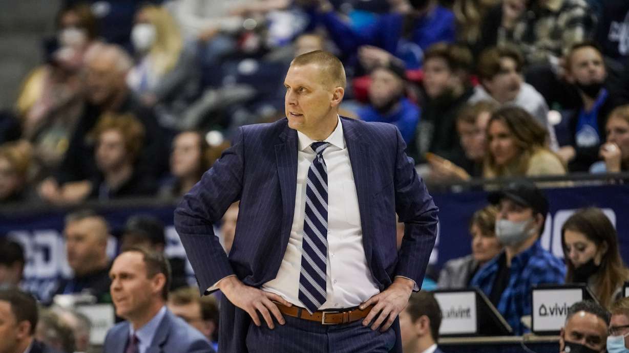 Brigham Young Cougars head coach Mark Pope is pictured as BYU and San Diego play in an NCAA basketball game in Provo o at the Marriott Center on Thursday, Jan. 20, 2022