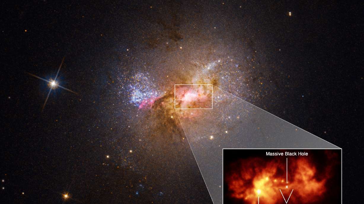 A detailed look at the center of the galaxy shows an umbilical cord of gas 230 light-years long, connecting the galaxy's black hole and a star-forming region.
