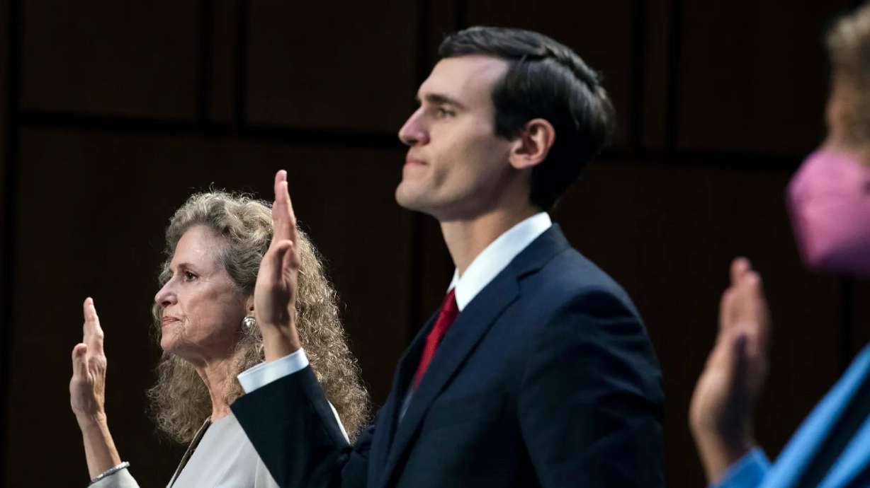 From left, Texas State Rep. Donna Howard, District 48, Edmund Gerard LaCour Jr., Alabama solicitor general, and Fatima Goss Graves, president and CEO of the National Women’s Law Center, are sworn in during a Senate Judiciary Committee hearing to examine Texas’s abortion law, Sept. 29, 2021, on Capitol Hill in Washington.