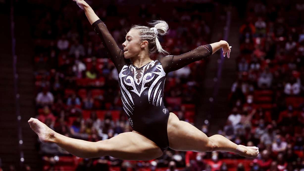 Utah’s Sydney Soloski competes on the floor during the gymnastics meet against with Arizona State University at the Huntsman Center in Salt Lake City on Friday, Jan. 21, 2022.