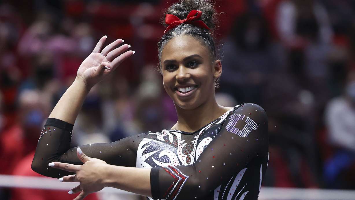 Utah’s Jaedyn Rucker competes on the floor during the gymnastics meet against Arizona State University at the Huntsman Center in Salt Lake City on Friday, Jan. 21, 2022.