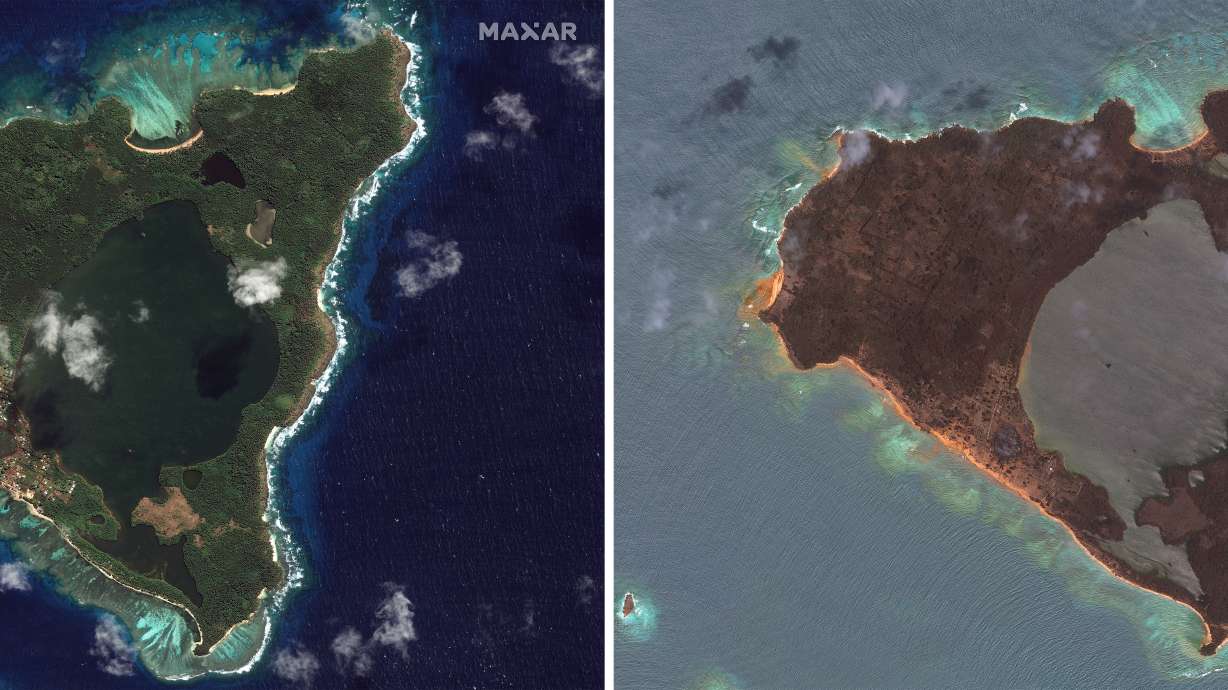 This combination of this satellite images provided by Maxar Technologies shows an overview of Nomuka in the Tonga island group on Aug. 17, 2020, left, and Jan. 20, 2022, right, showing the damage after the Jan. 15 eruption.