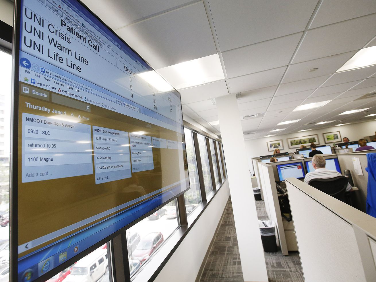 Crisis workers field calls at the CrisisLine call center at the University Neuropsychiatric Institute, now Huntsman Mental Health Institute, in Salt Lake City on June 1, 2017. There was a significant number of Utahns who used a suicide hotline in 2021.