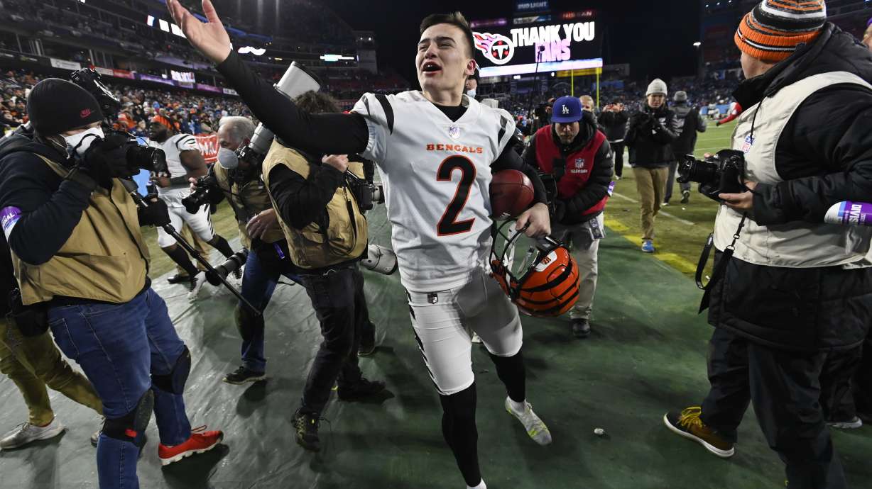 Cincinnati Bengals kicker Evan McPherson (2) celebrates his game-winning field goal against the Tennessee Titans after an NFL divisional round playoff football game, Saturday, Jan. 22, 2022, in Nashville, Tenn. The Cincinnati Bengals won 19-16.