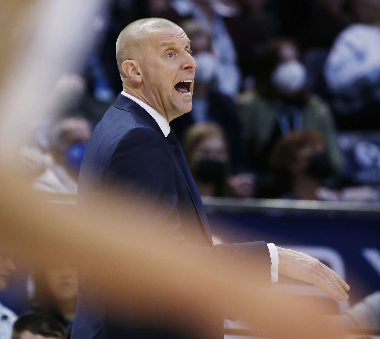Brigham Young head coach Mark Pope shouts instruction in Provo on Saturday, Jan. 22, 2022.