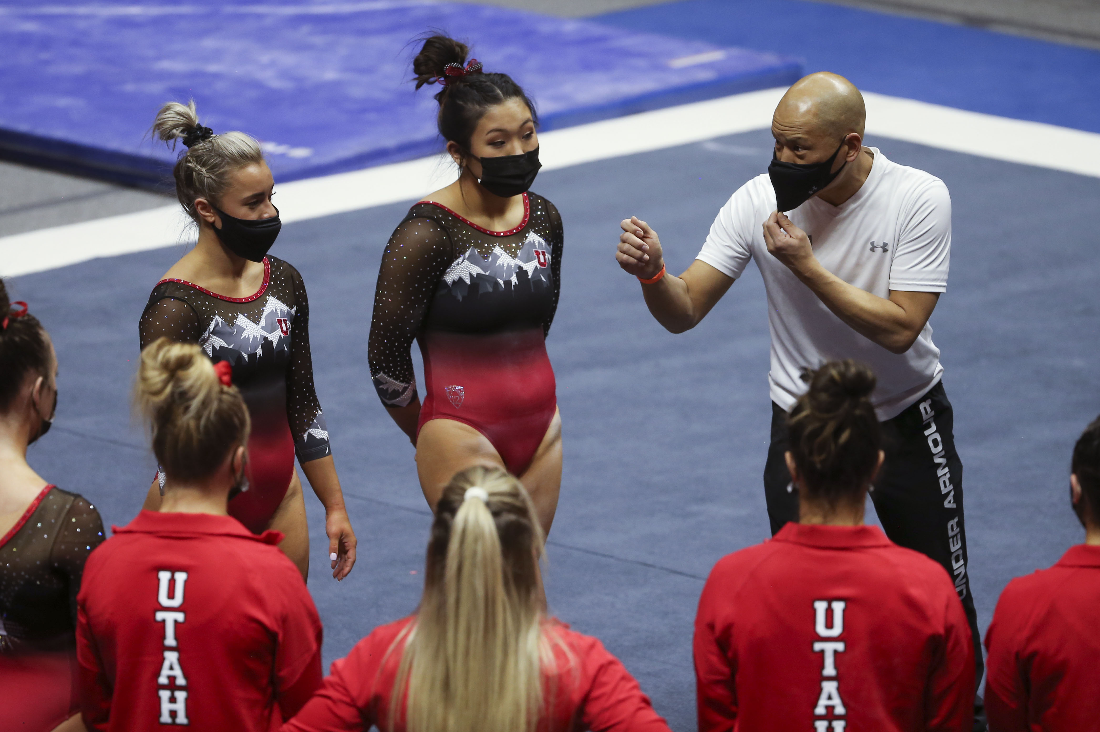 Coach Tom Farden speaks to his team after the annual Red Rocks Preview at the University of Utah’s Jon M. Huntsman Center in Salt Lake City on Wednesday, Dec. 16, 2020.