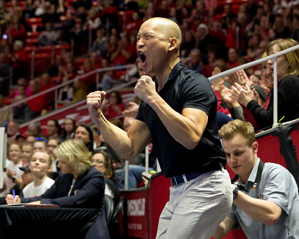 Red Rocks head coach Tom Farden celebrates as his gymnasts compete against Cal in Salt Lake City on Feb. 9, 2019.