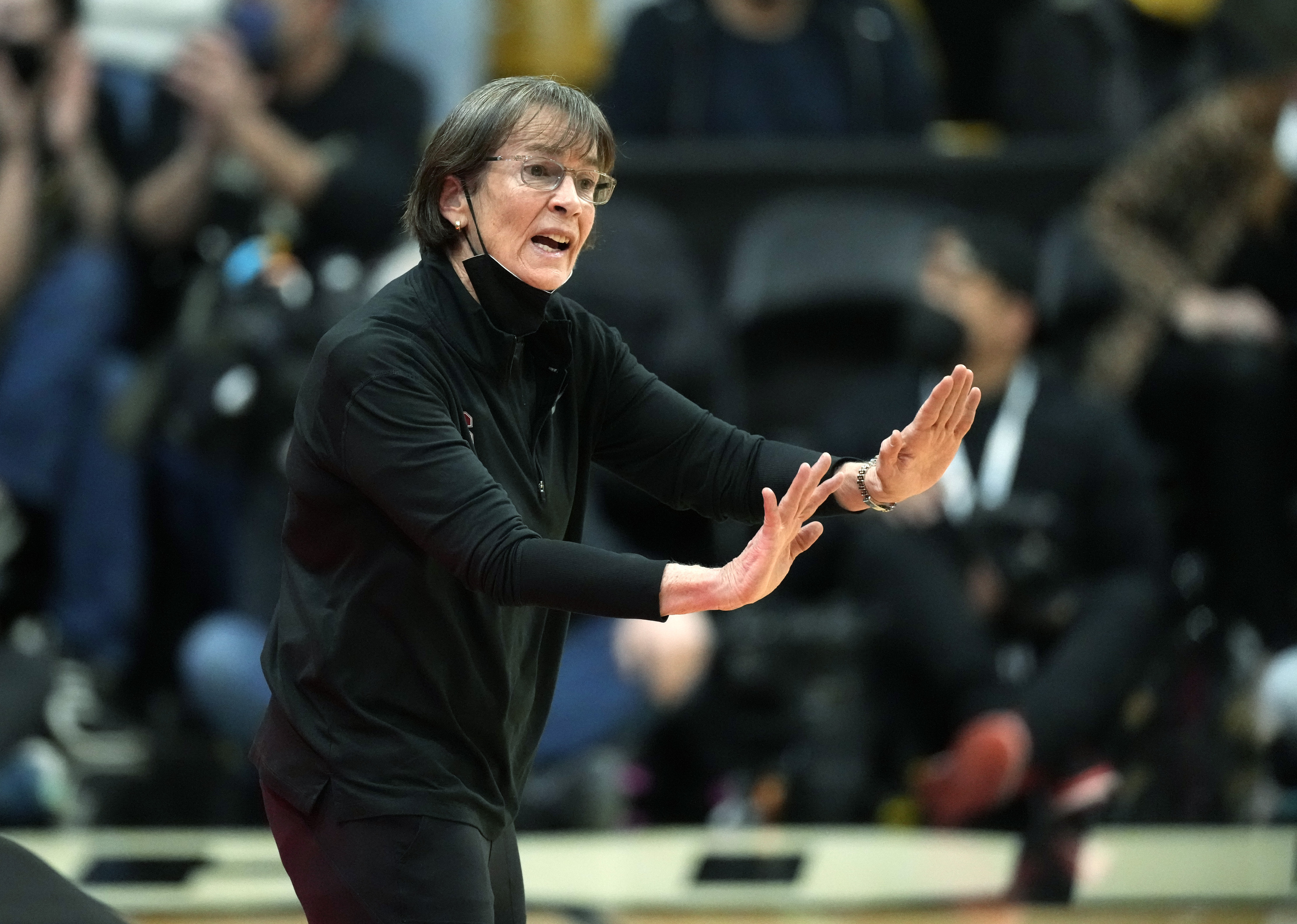 Stanford head coach Tara VanDerveer directs her team against Colorado in the first half of an NCAA college basketball game Friday, Jan. 14, 2022, in Boulder, Colo.