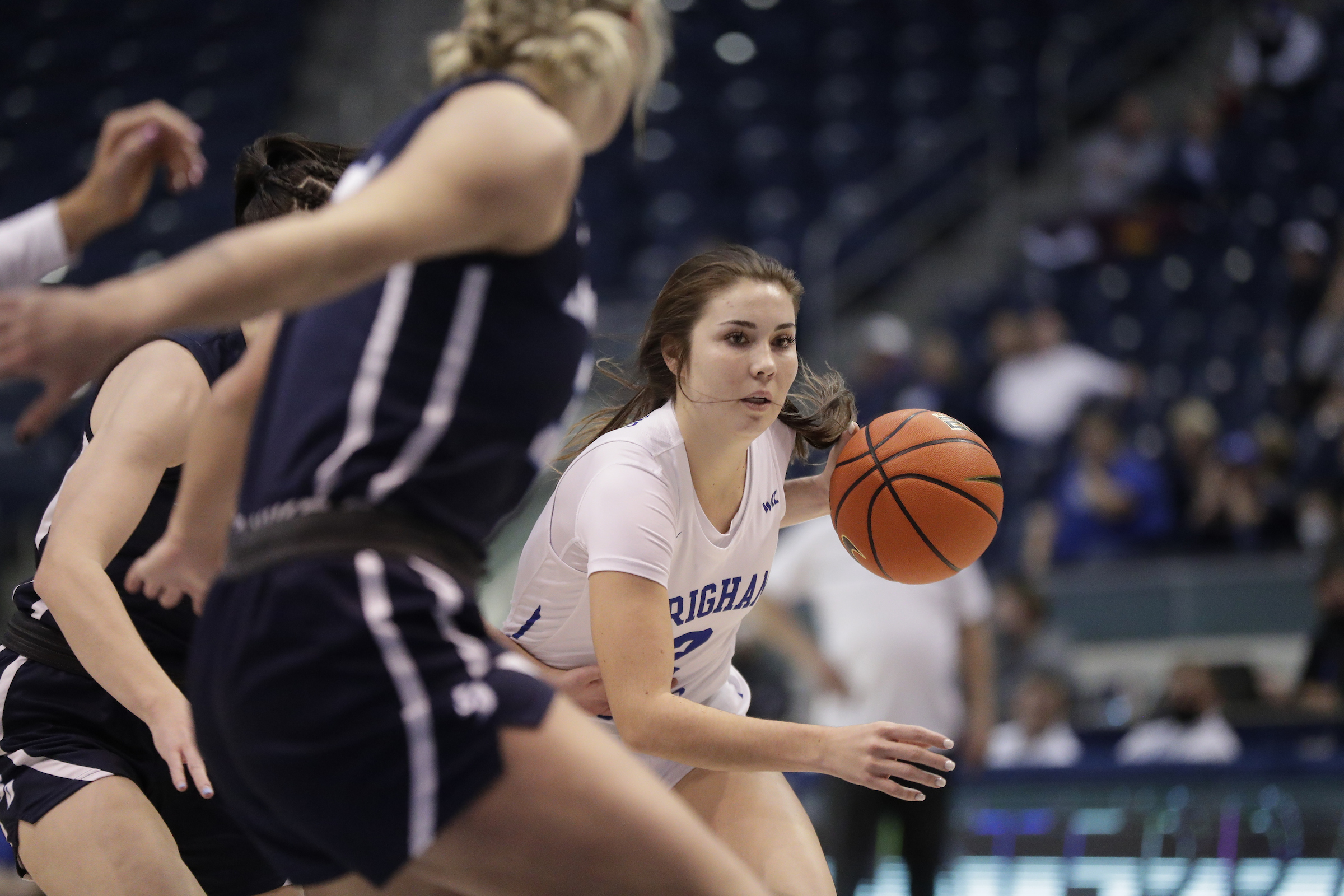 BYU guard Shaylee Gonzales drives against San Diego during a women's basketball game, Monday, Jan. 24, 2022 in the Marriott Center in Provo.