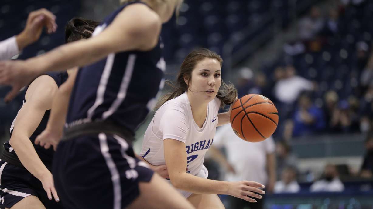 BYU guard Shaylee Gonzales drives against San Diego during a women's basketball game, Monday, Jan. 24, 2022 in the Marriott Center in Provo.