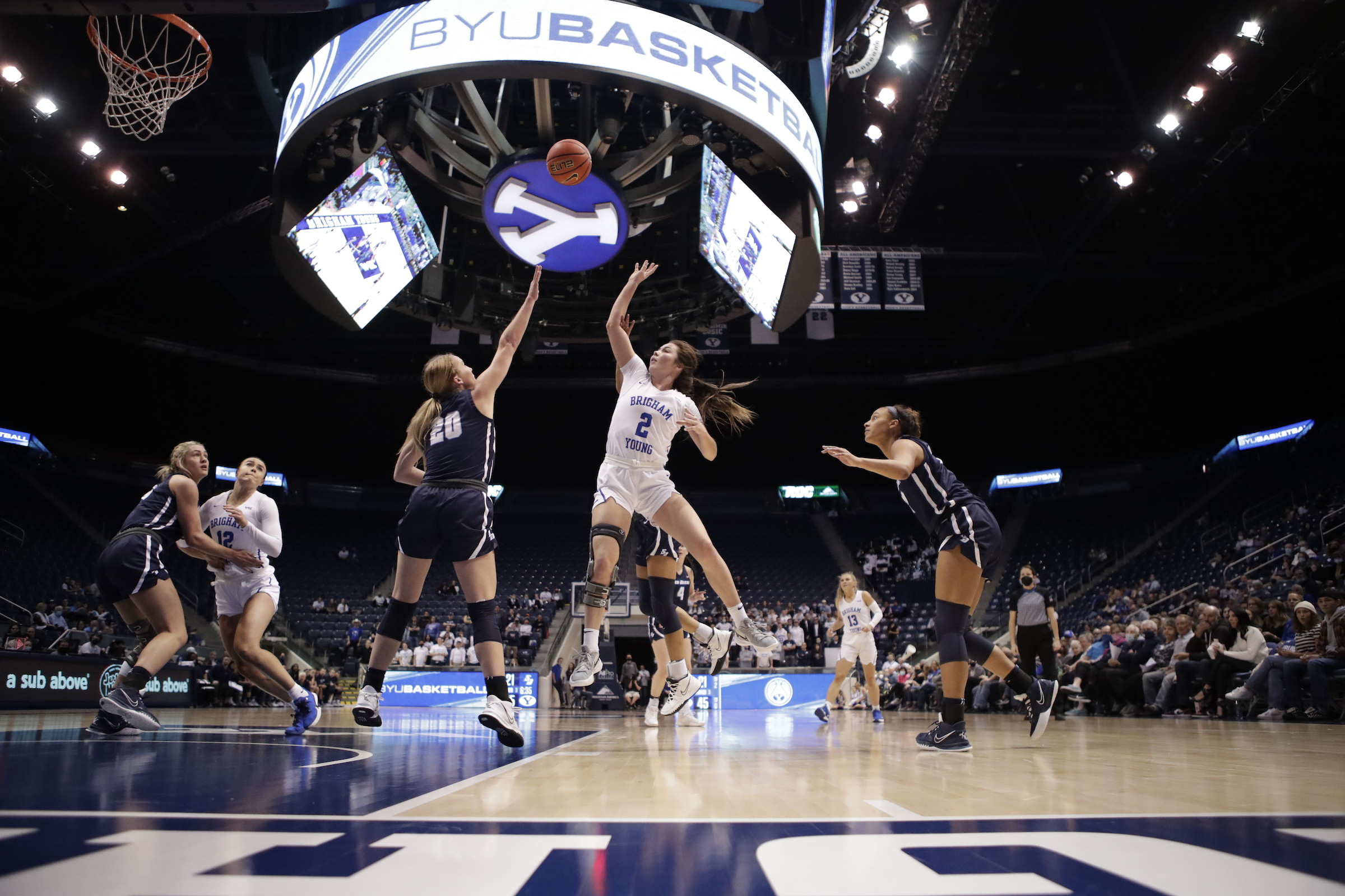 BYU guard Shaylee Gonzales puts up a floater during a women's basketball game against San Diego, Monday, Jan. 24, 2022 in the Marriott Center in Provo.