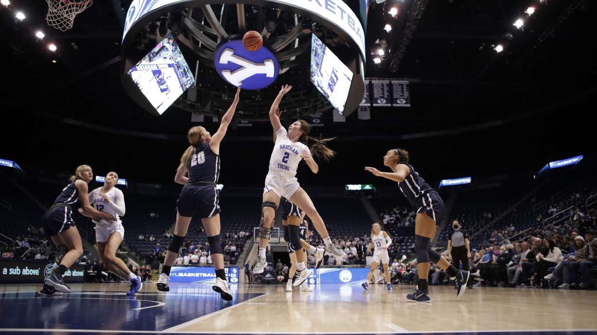 BYU guard Shaylee Gonzales puts up a floater during a women's basketball game against San Diego, Monday, Jan. 24, 2022 in the Marriott Center in Provo.