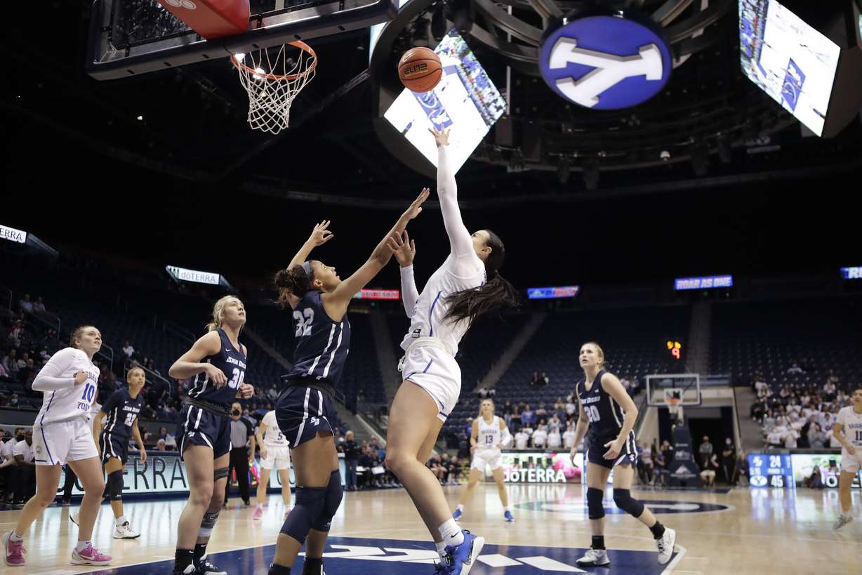 BYU forward Lauren Gustin puts up a shoter during a women's basketball game against San Diego, Monday, Jan. 24, 2022 in the Marriott Center in Provo.